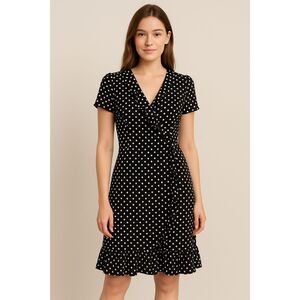 AGB Women’s Size 12 Black & White Classic Polka Dot Ruffle Faux Wrap Dress #V